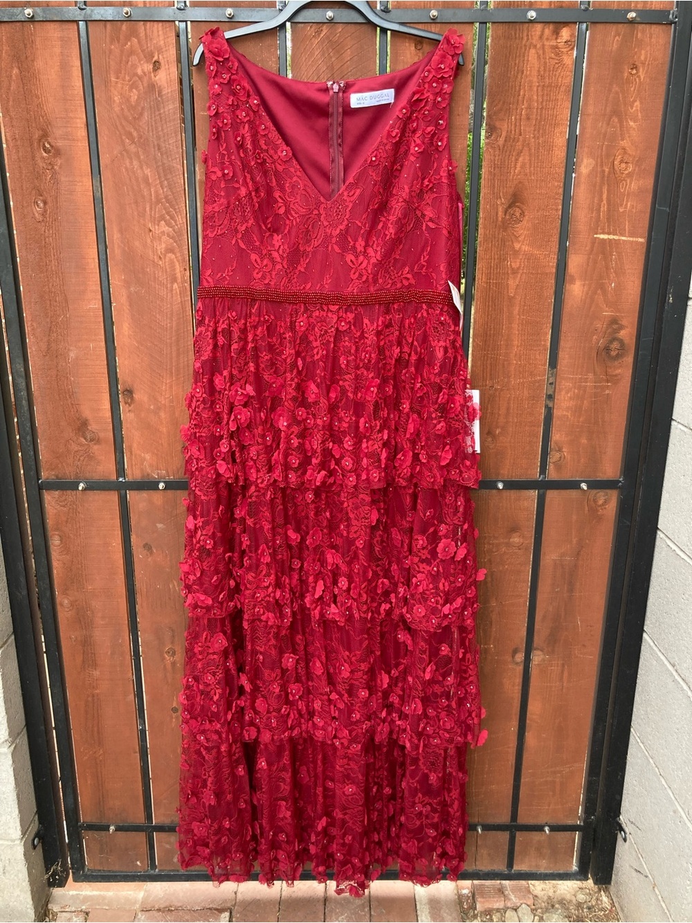 Mac Duggal 67710 Floral Applique Ruffled Tiered V Neck Gown Size 16 NWT - Picture 2 of 12